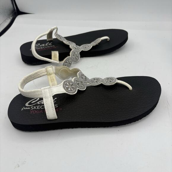 Skechers Cali Sandals Womens Size 11 Meditation Sparkly Fleur‎ White Thong Flip - Picture 6 of 9